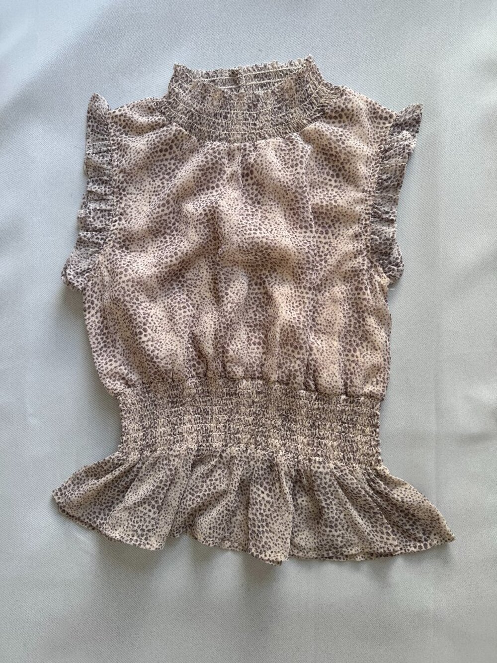 Japna Cream Leopard Print Smocked Peplum Top XS